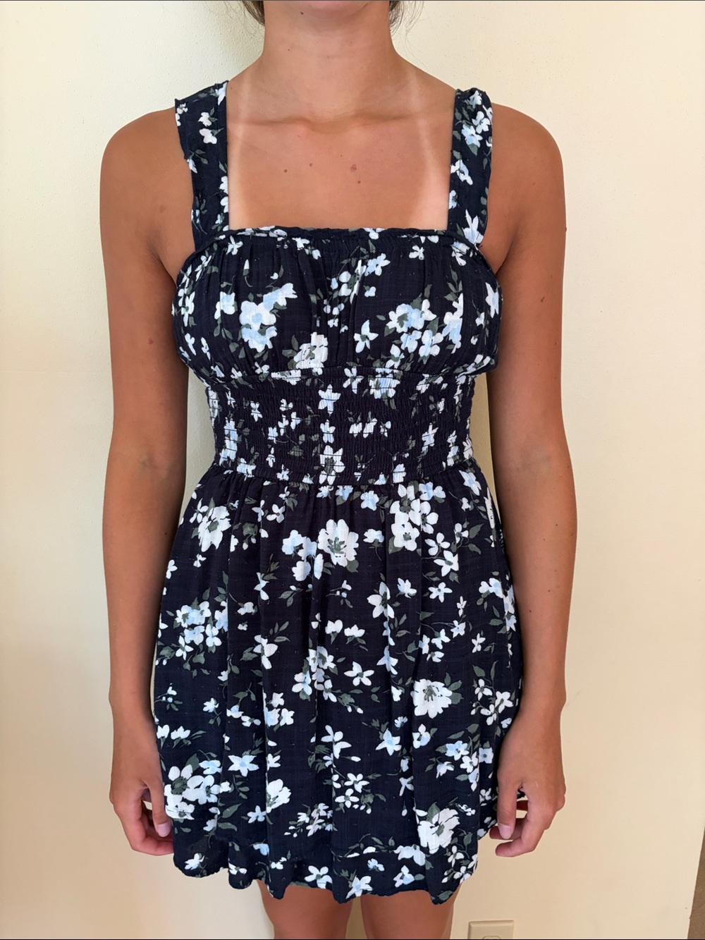 Hollister Navy Blue Floral Smocked Mini Dress